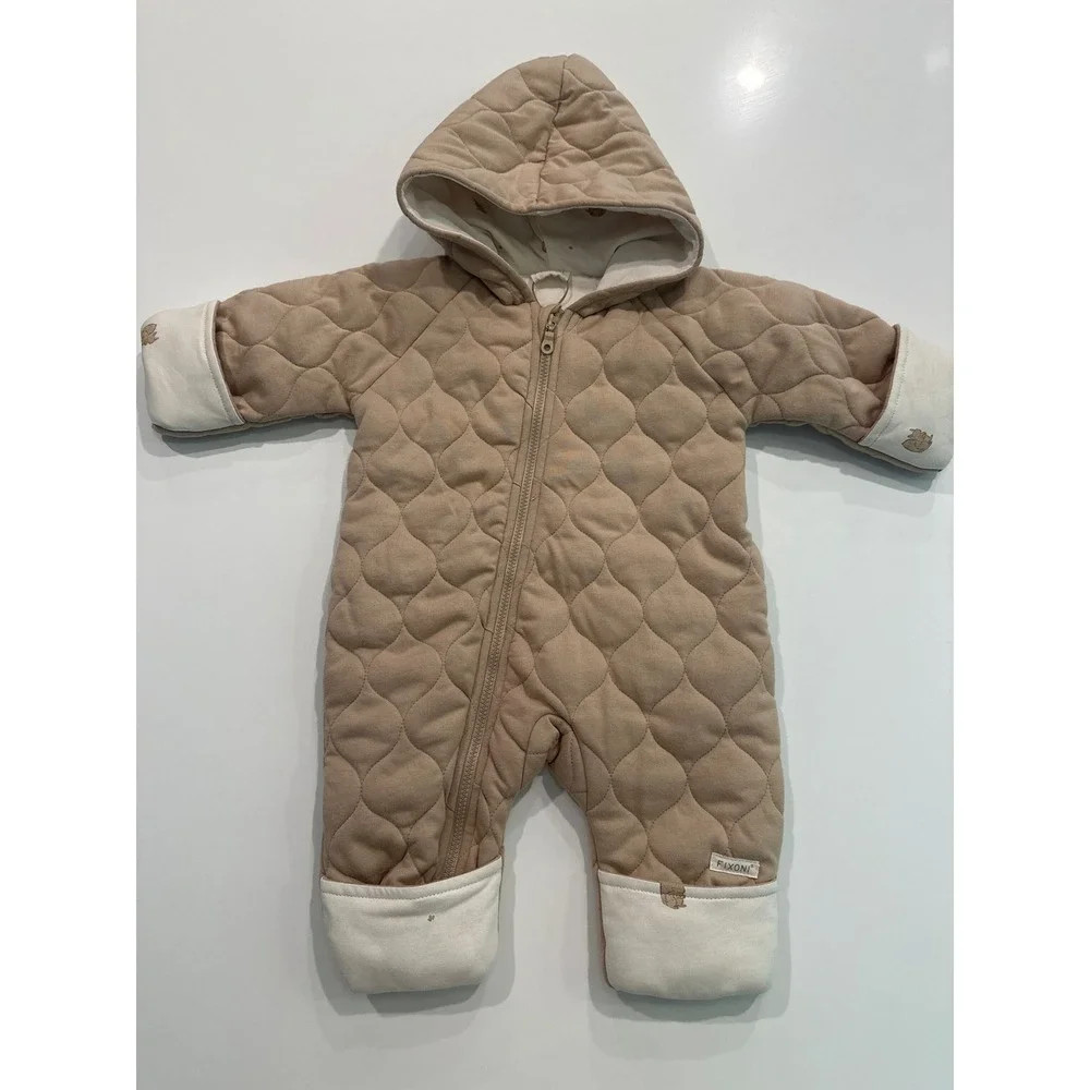 Fixoni Baby Quilted Pram Suit Hooded Bunting NEW Beige Squirrel Print 0-3m